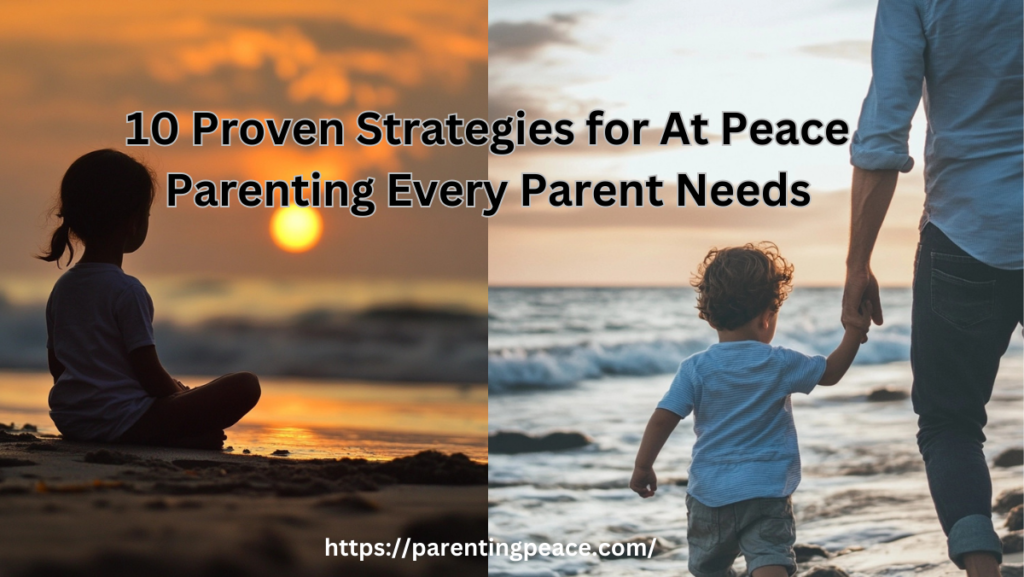 A serene sunset scene featuring a child meditating on a beach and another child walking hand-in-hand with an adult, symbolizing peaceful parenting and connection.