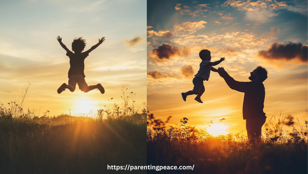 A beautiful sunset with a child joyfully jumping in a field and a parent lifting another child into the air, symbolizing happiness, freedom, and strong family connections.