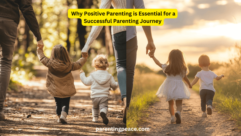 A happy family practicing positive parenting techniques, with parents and children engaging in open communication and building trust