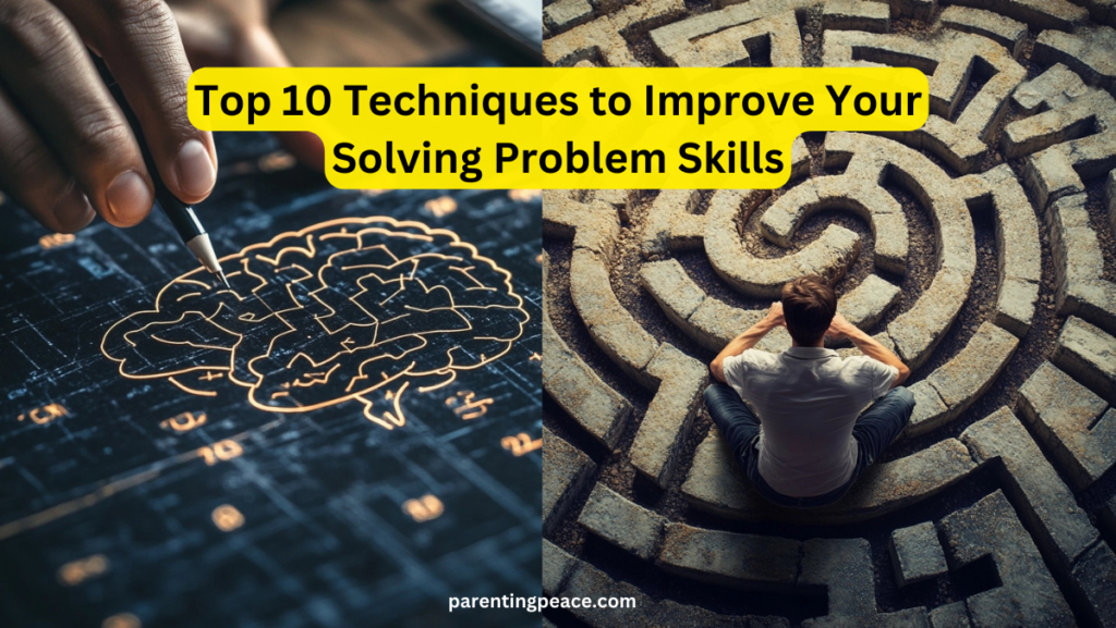 A collage image featuring a hand sketching a brain diagram on a digital board, symbolizing analytical thinking, and a man sitting in front of a complex maze, representing problem-solving challenges.